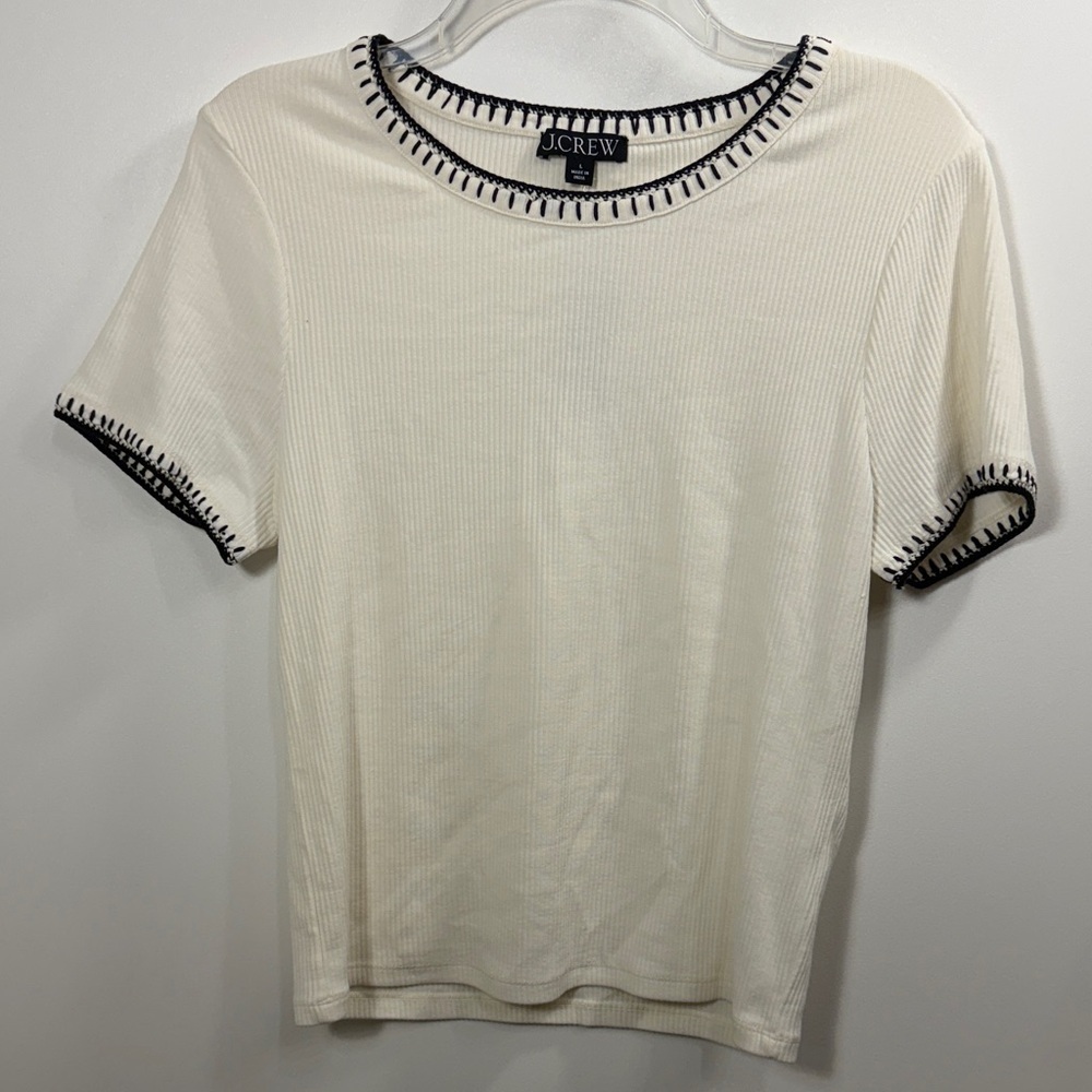 J.Crew Women's Cream Ribbed Short Sleeve Top with Black Trim
